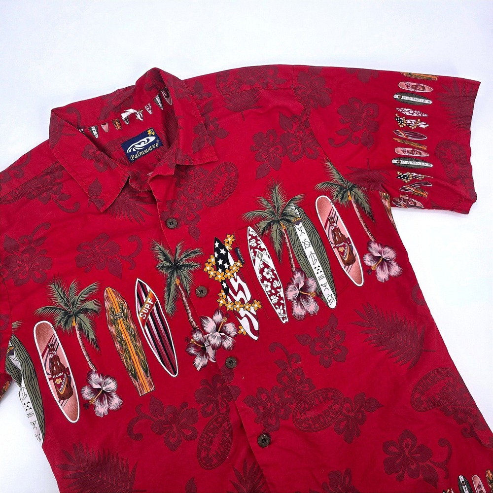 Palmwave Hawaii Mens XL Red Surfboard Palm Tree Cotton Aloha Button Up Shirt